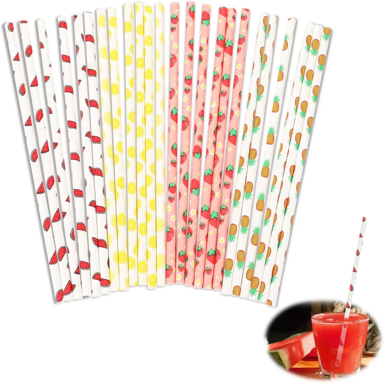 Summer Hot Pink & Green Party Supplies -25 Pack- Garden Wedding Supplies, Vintage Assorted Color Polka DOT & Chevron Striped Fruit Watermelon Paper Straw