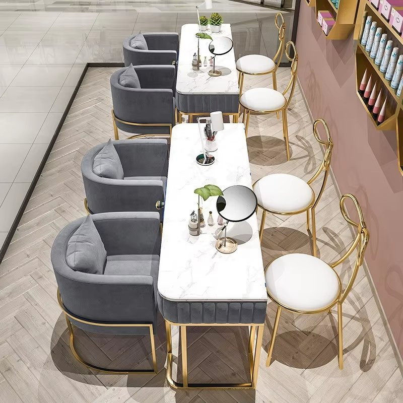 Hot Sale Nail Bar Station Salon Furniture Pink Nail Table Desk Set Gold Base Manicure Table and Chair Set