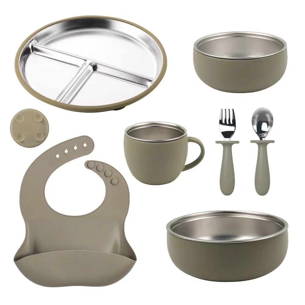 Baby Silicone Tableware Sets FDA LFGB Certified BPA Free Suction Plate Bowl Bib Spoon Set Baby Tableware Set