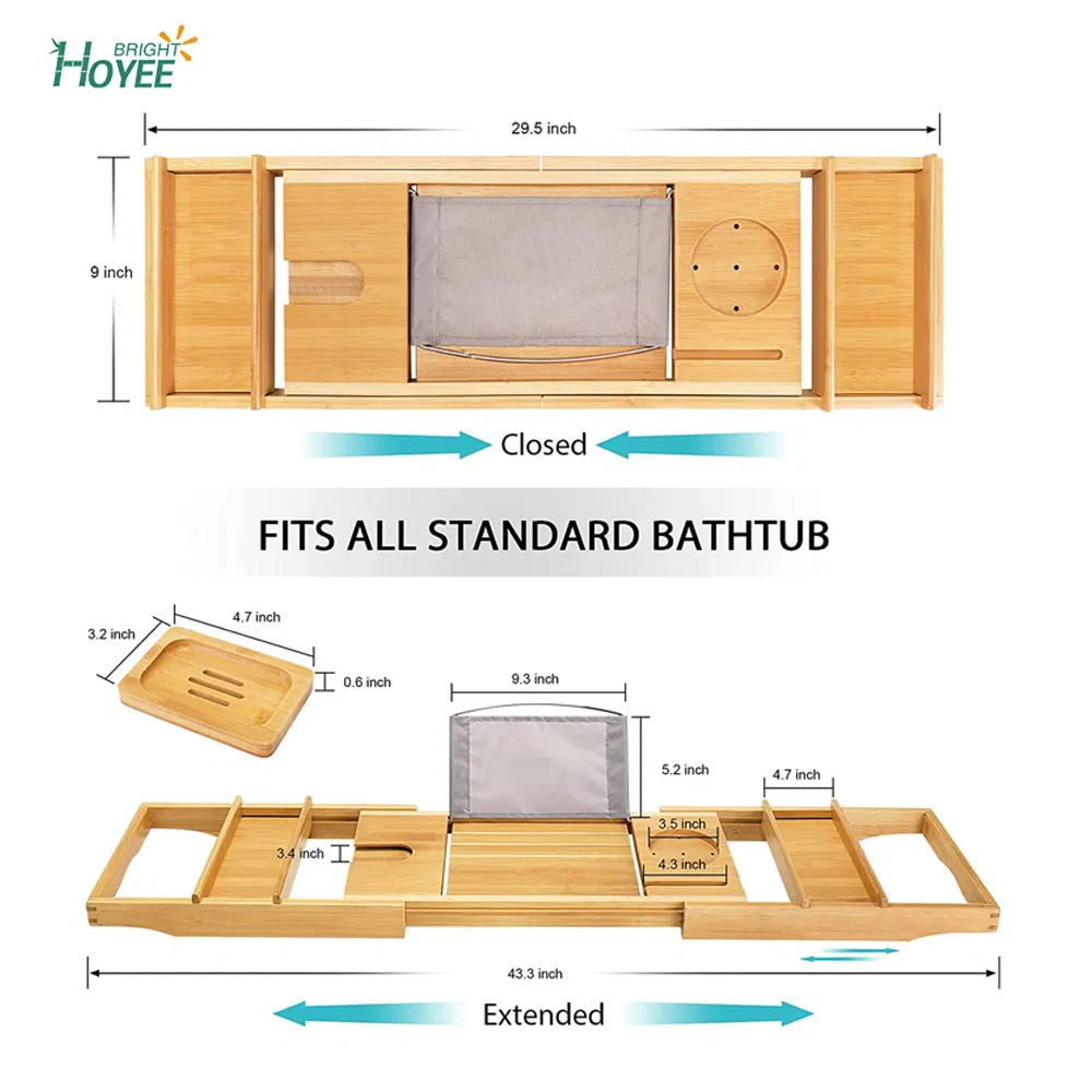 Expandable Bathtub Caddy Tray for with Wine and Book Holder, Natural