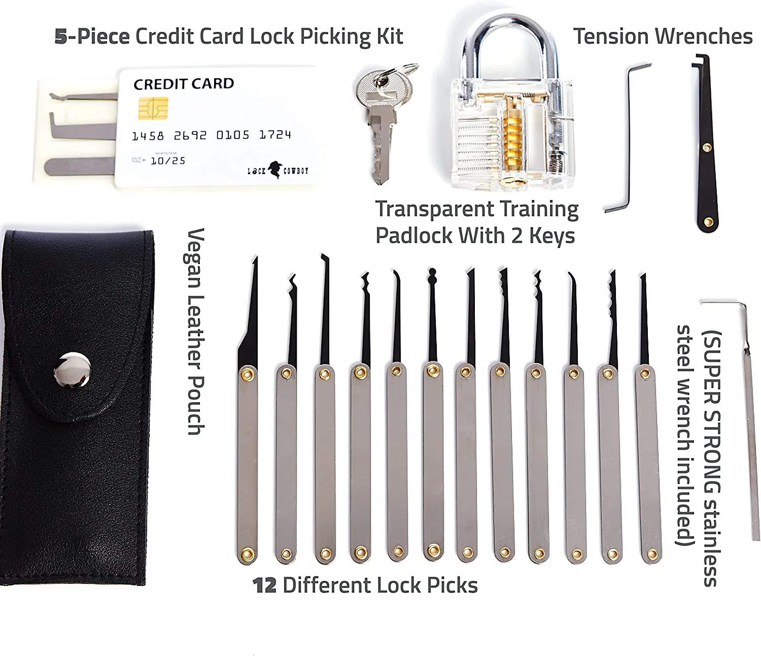 Credit Card Lock Pick Set Transparent Training Padlock 20 Pieces Lock Picking Set