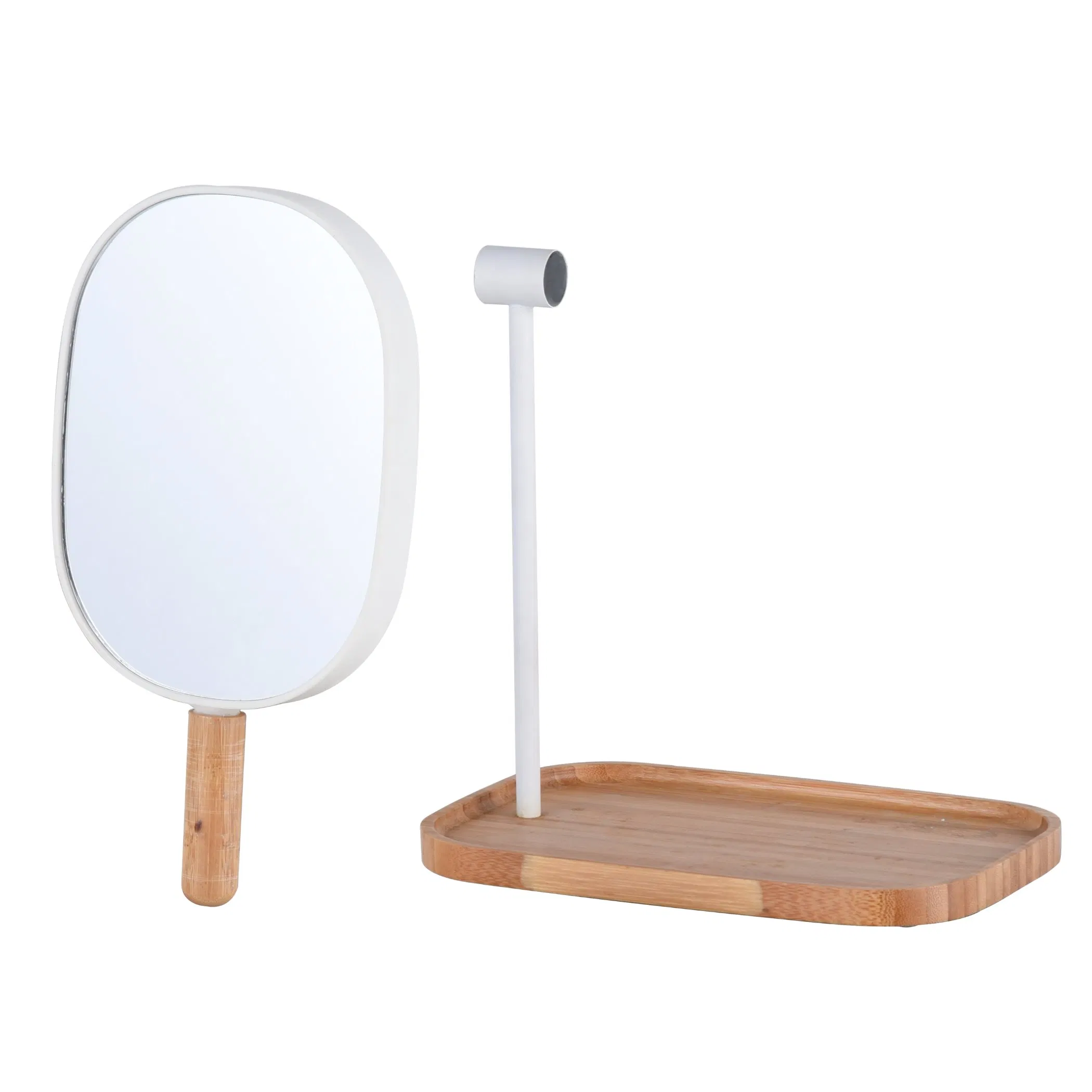 Environmental Protection Desktop Storage cosmetic Bamboo Base Standing Round Makeup Mirror with Two Sides