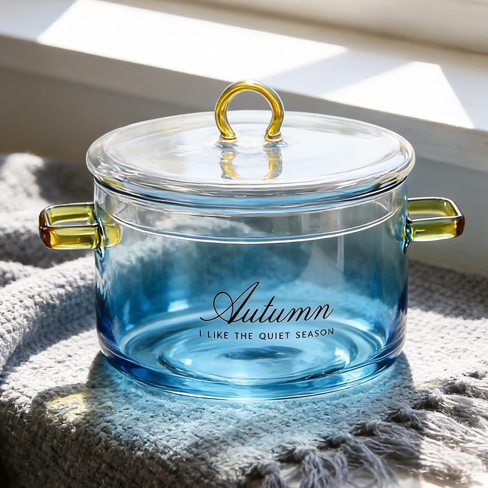 Blue Heat Resistant Transparent Glass Cooking Pots Instant Noodles Bowls