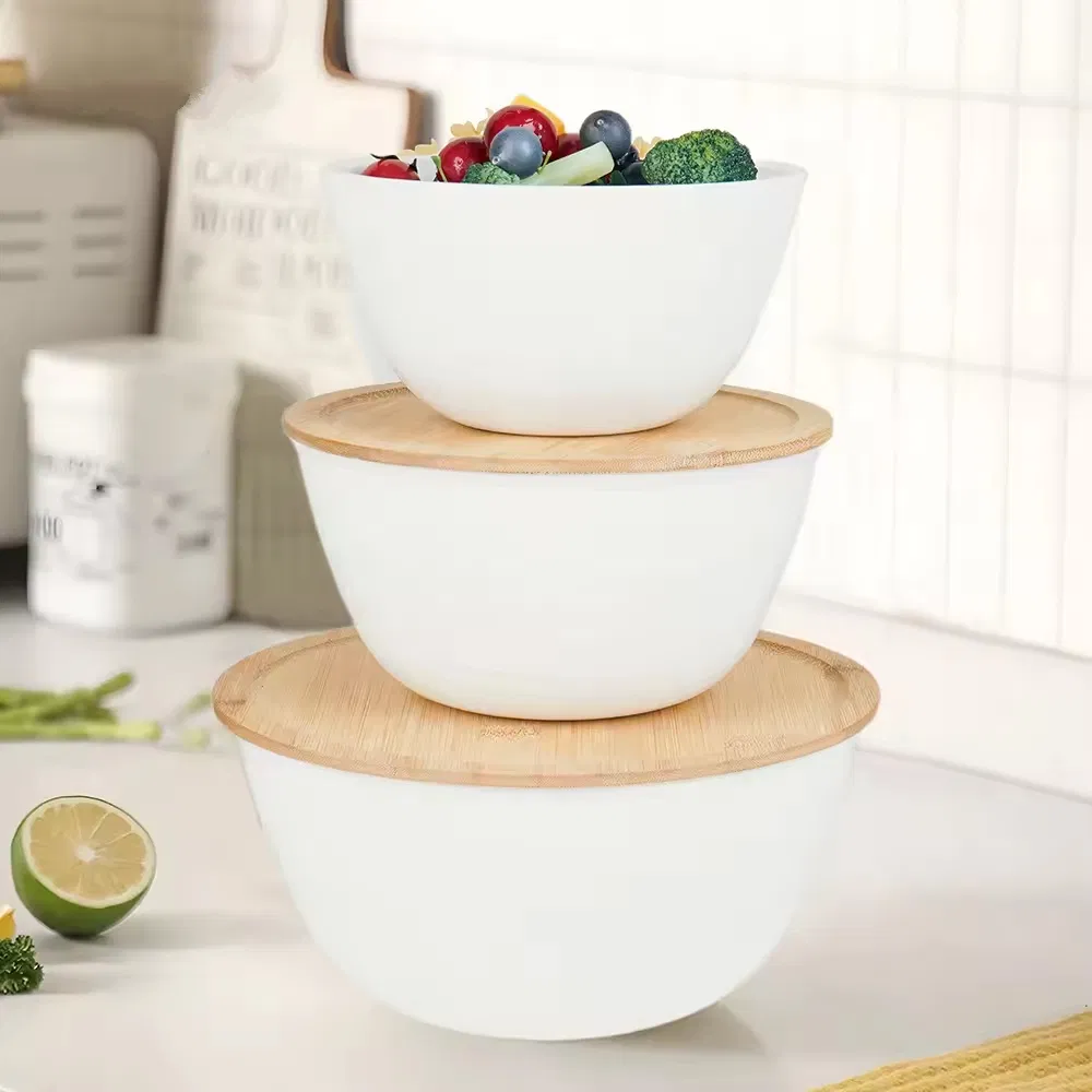 Round Tempered Opal Glassware Mixing Bowl with Eco-Friendly Bamboo Lid