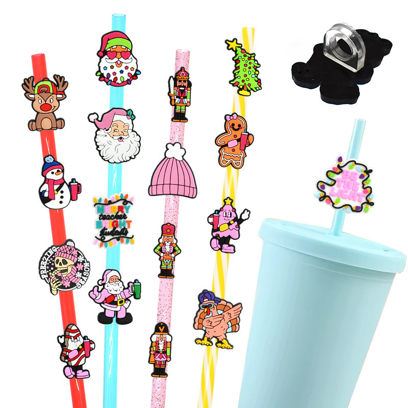 Festive Silicone Straw Covers with Gingerbread and Christmas Tree Designs