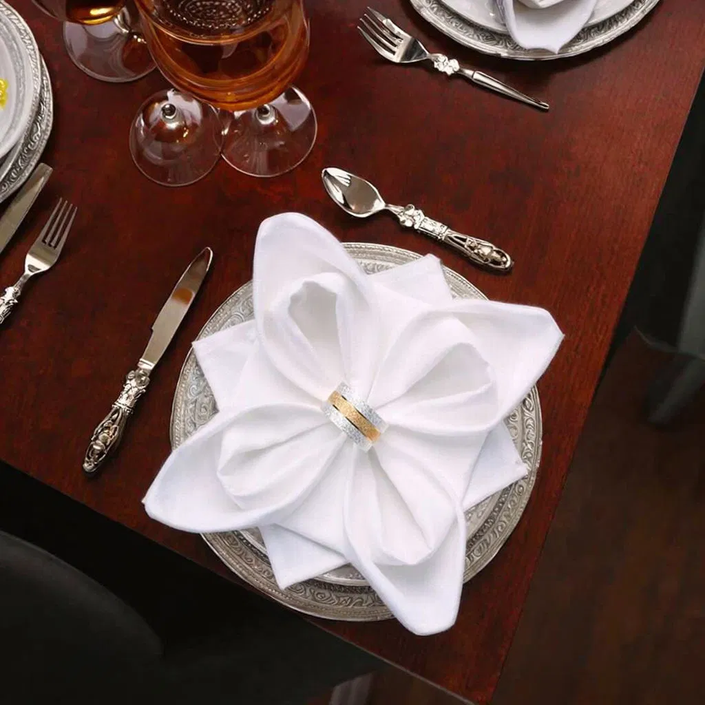 Classic White Linen Restaurant-Style Foldable Tablecloth Napkin Polycotton Fabric for Home Airplane Hotels Events Parties