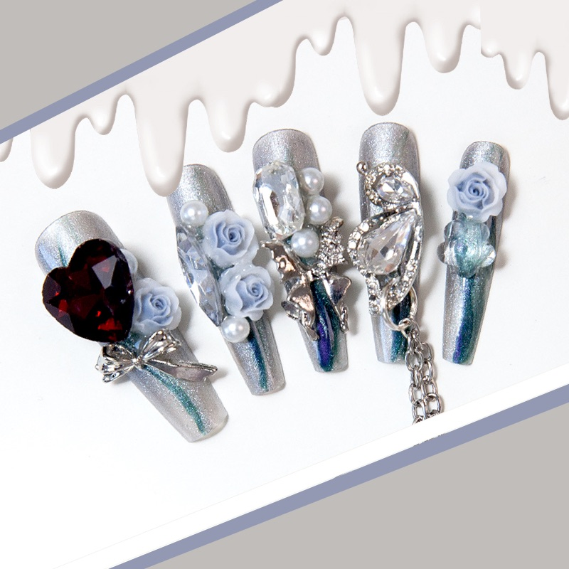 Luxury 3D Rose Press-on Nails with Stunning Crystal Chains