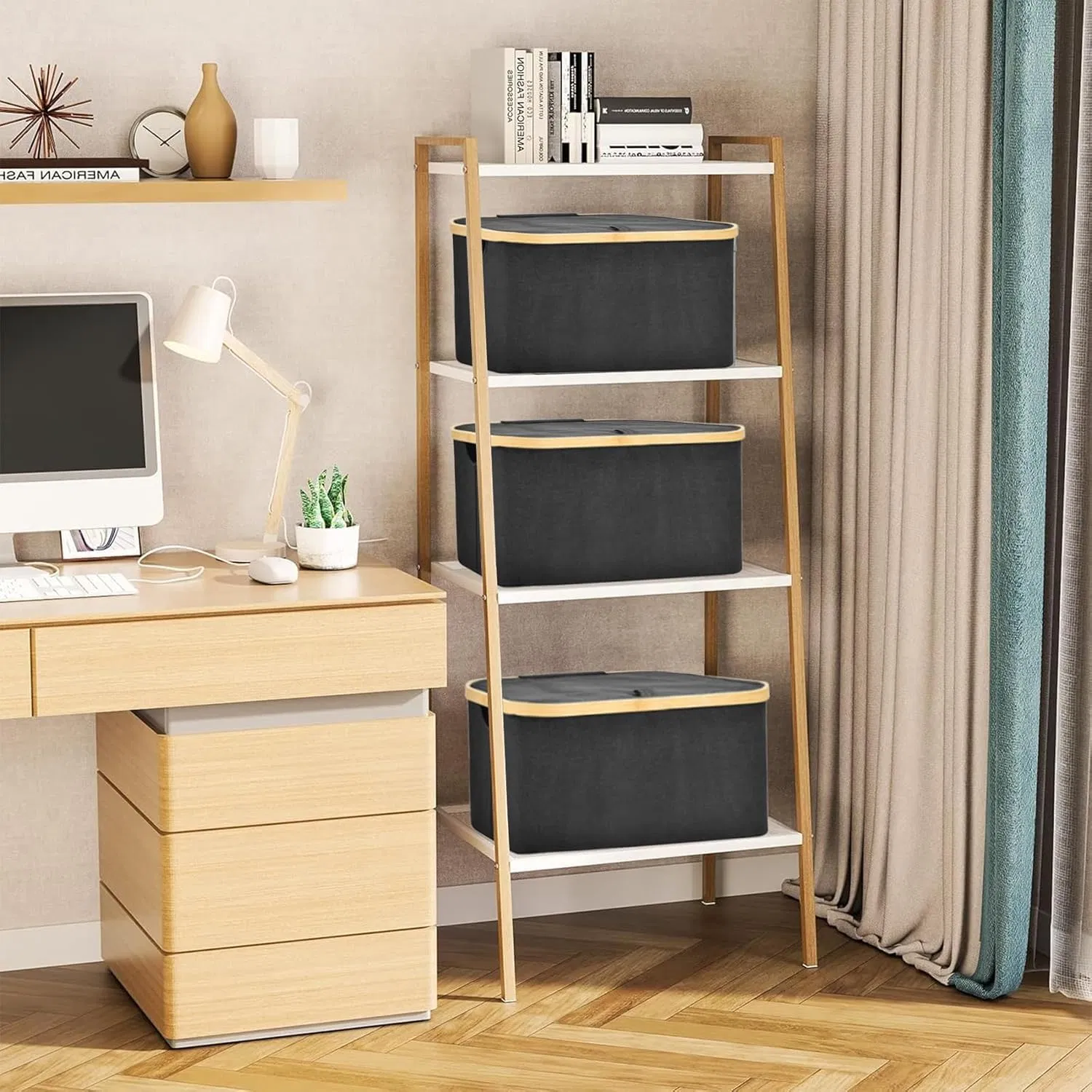 Bamboo Home Minimalist Suitable for Clothing, Stationery, Miscellaneous Items, Covered Storage Basket