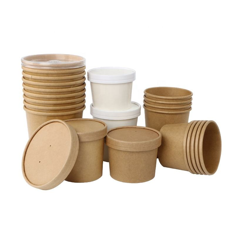 Disposable Kraft Paper Soup Bowl with Paper Lid Snacks Noodle Takeaway Packaging Soup Cup