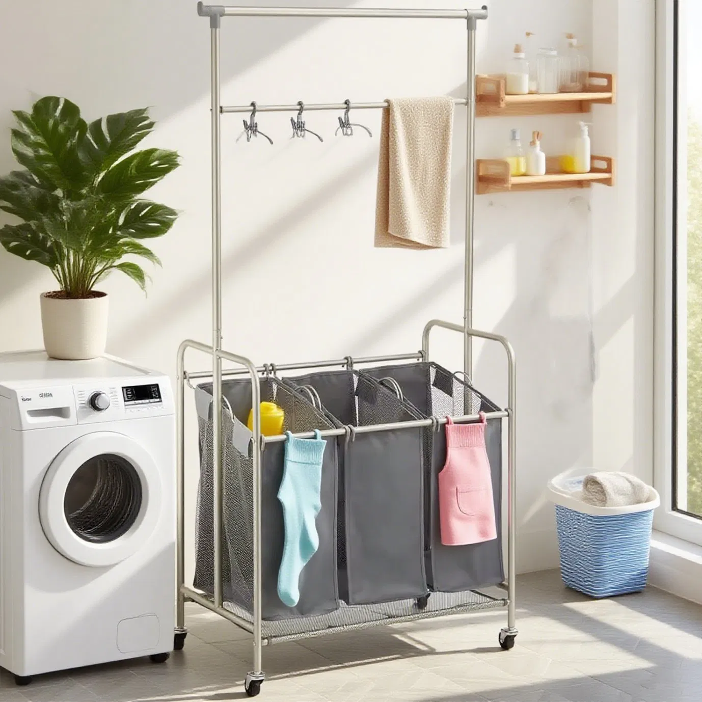Portable Wheels Laundry Sorter with Steel Hanging Bar
