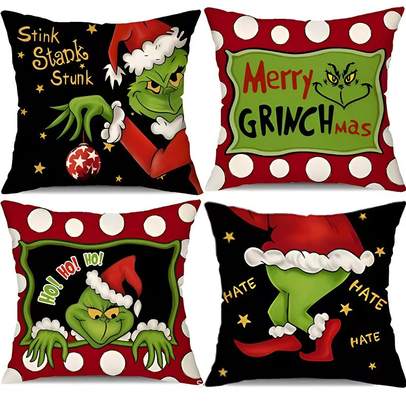 4 PCS Merry Grinch Pillows Decor Farmhouse Christmas Throw Pillow Covers