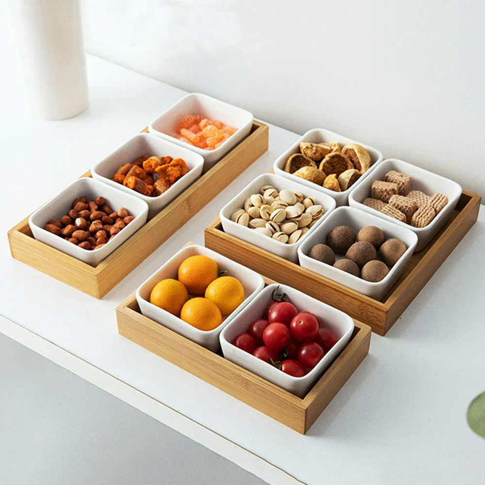 OEM Ceramic Appetizer Snack Serving Tray Compartment Ceramic Condiments Serving Platter with Bamboo Lid and Pallets for Snacks