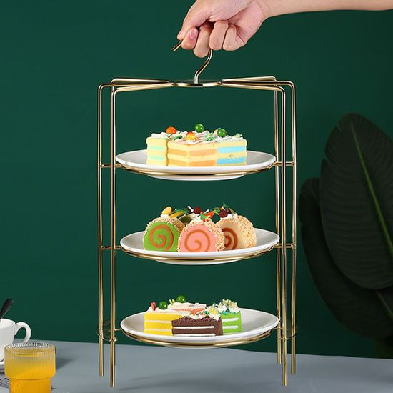 Three-Layer Ceramic Plate Dim Sum Rack Dessert Buffet Stainless Steel Pastry Fruit Tray