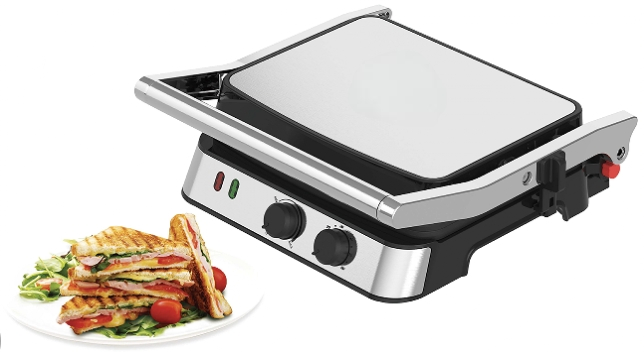 Stainless Steel Panini Grill Press, Aluminum Lifting Rod, Sandwich Maker Press, Contact Grill, Non-Stick Grill, 60-Minute Timer, 180 Degrees Opening