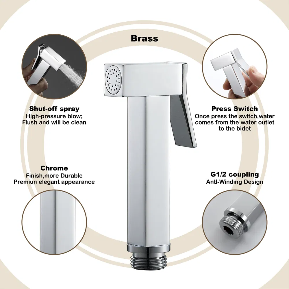 Square Chrome Bidet Spray Gun Handheld Brass Bidet Sprayer Toilet Washing Shattaf Bidet Spray