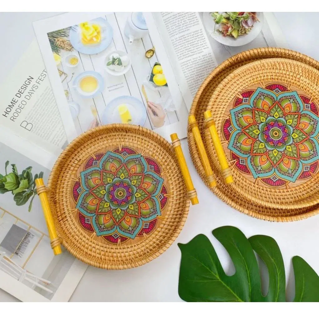 Плетеные подносы круглые с ручками для чая и кухни
