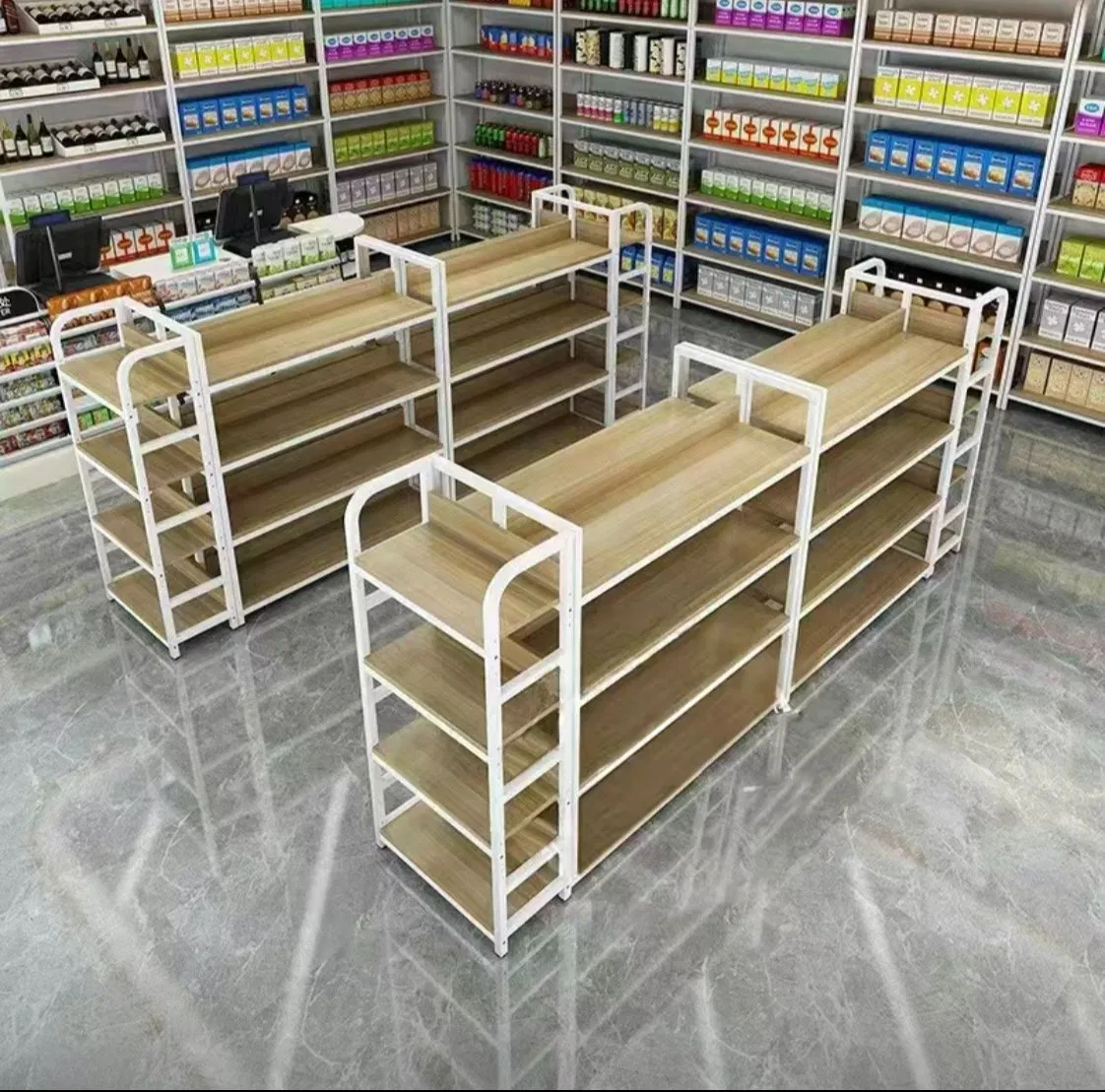 Durable Hot Sales Shop Retail Grocery Store Fixture Metal Wood Shelving Display Gondola Rack