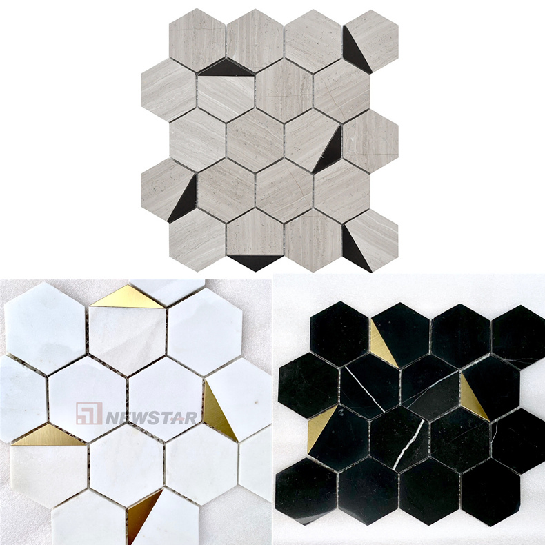 Natural Metal Marble Hexagonal Tile Kitchen Shower Room Stone Floor Tiles Hexagonal Mosaic Tile