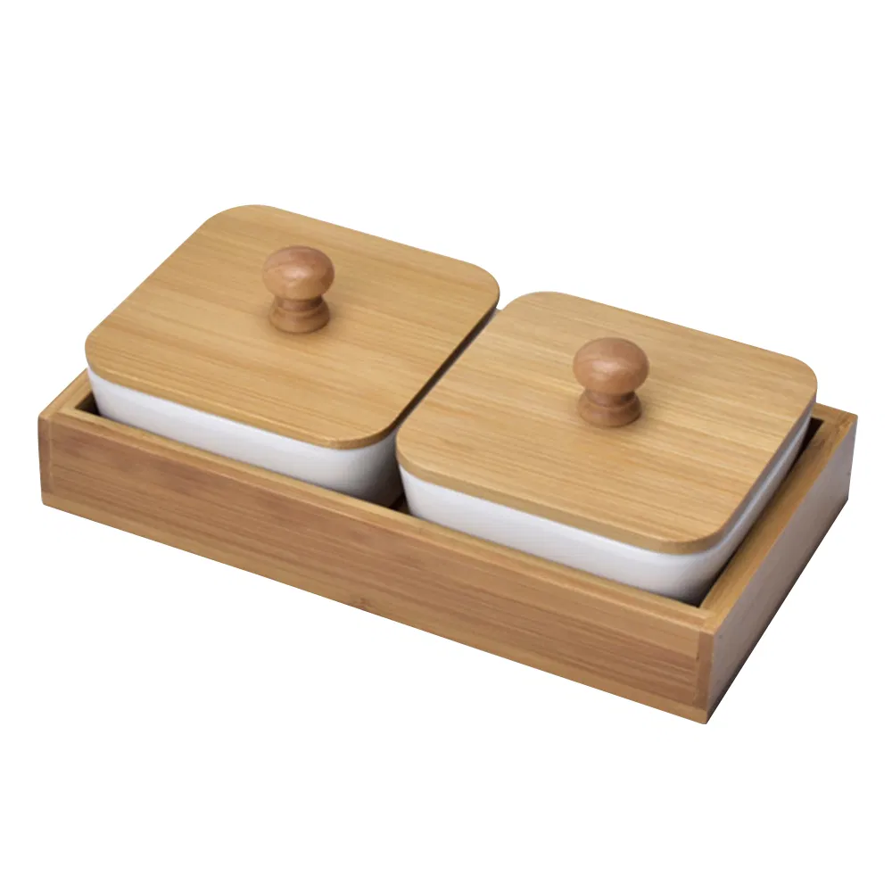 Food Server Set Tabletop Snack Serving Trays White Ceramic Relish Serving Bowl Set with Bamboo Lids & Bamboo Tray
