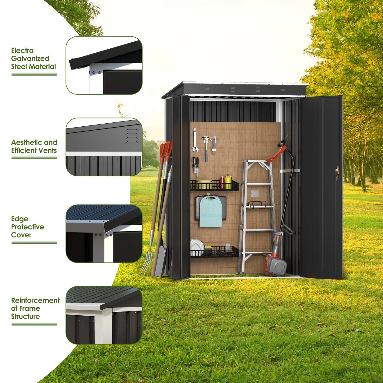 4X4 FT Garden Shed Galvanized Steel Outdoor Tool Storage Shed Lockable Double Sliding