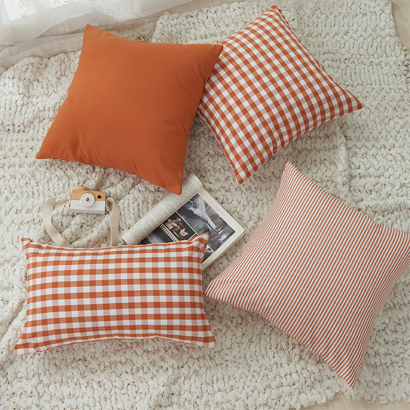 Check Plaid Throw Pillow Covers Cushion Case Polyester Linen for Fall Home Decor Orange and White
