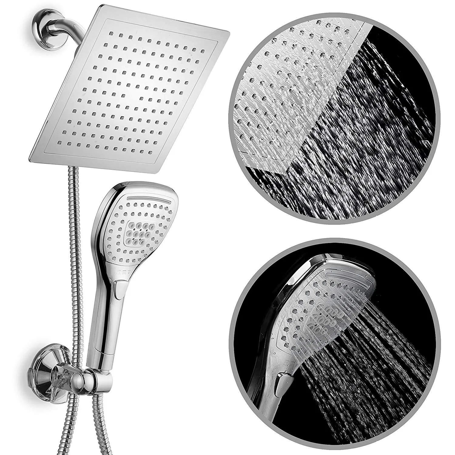 9" Rainfall Shower Head Combo Convenient Push-Button Flow Control Button Premium Chrome for Easy One-Handed Operation. Switch Flow Settings The Same Hand