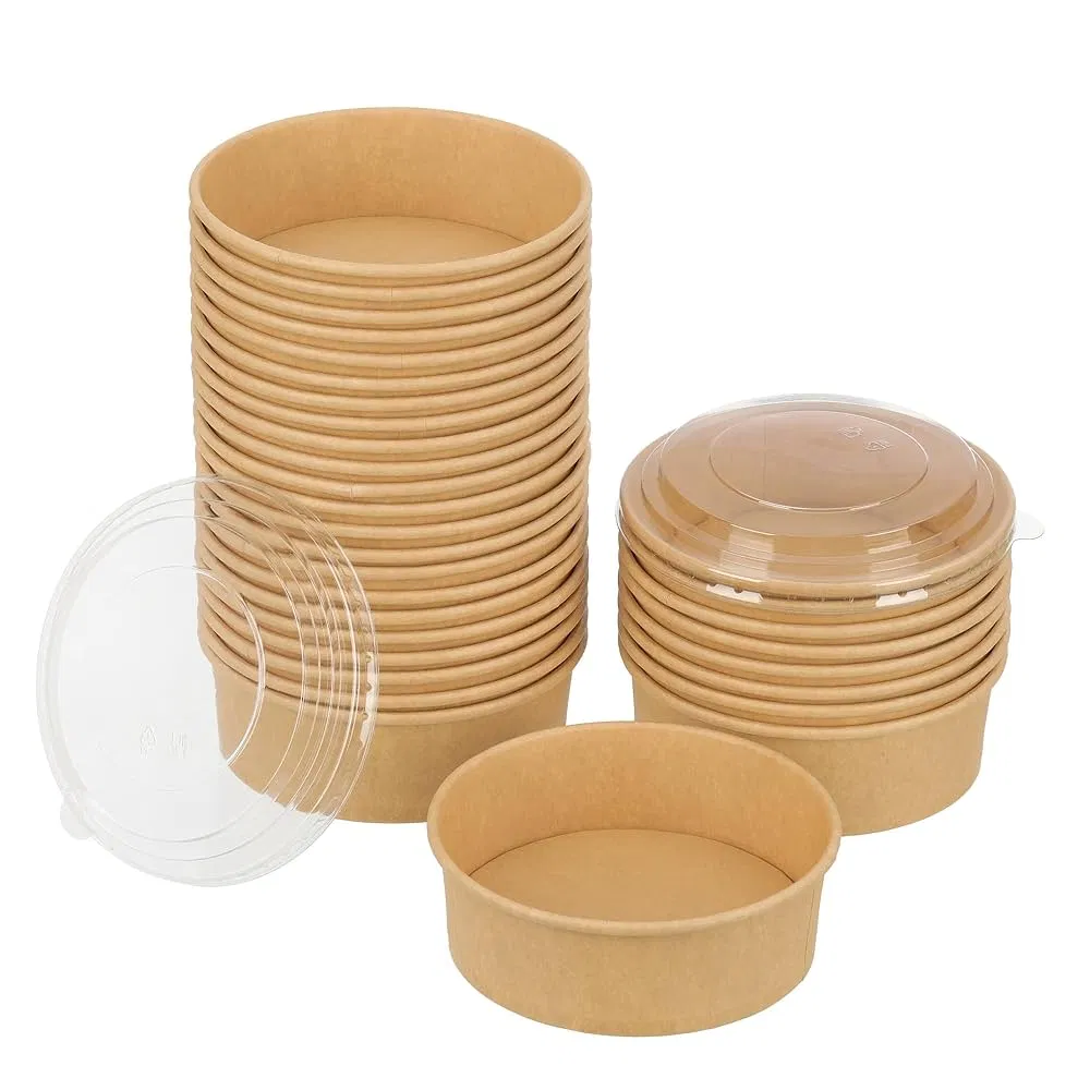 Factory Supply Disposable Kraft Paper Round Bowl 500ml~1450ml Material Food Packaging Salad Bowls with Lid