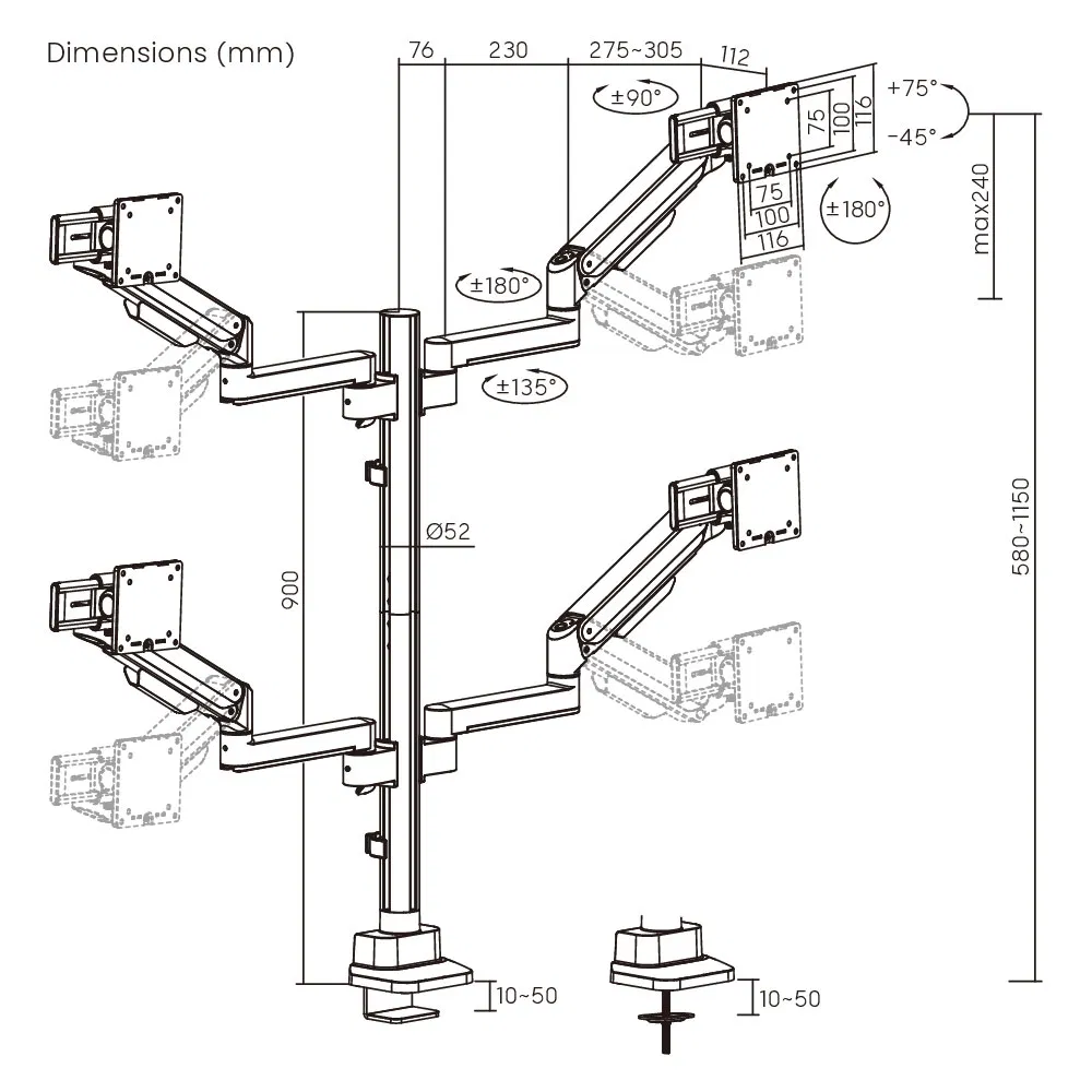 Кронштейн для 4 мониторов с механической пружиной, 17-40 дюймов