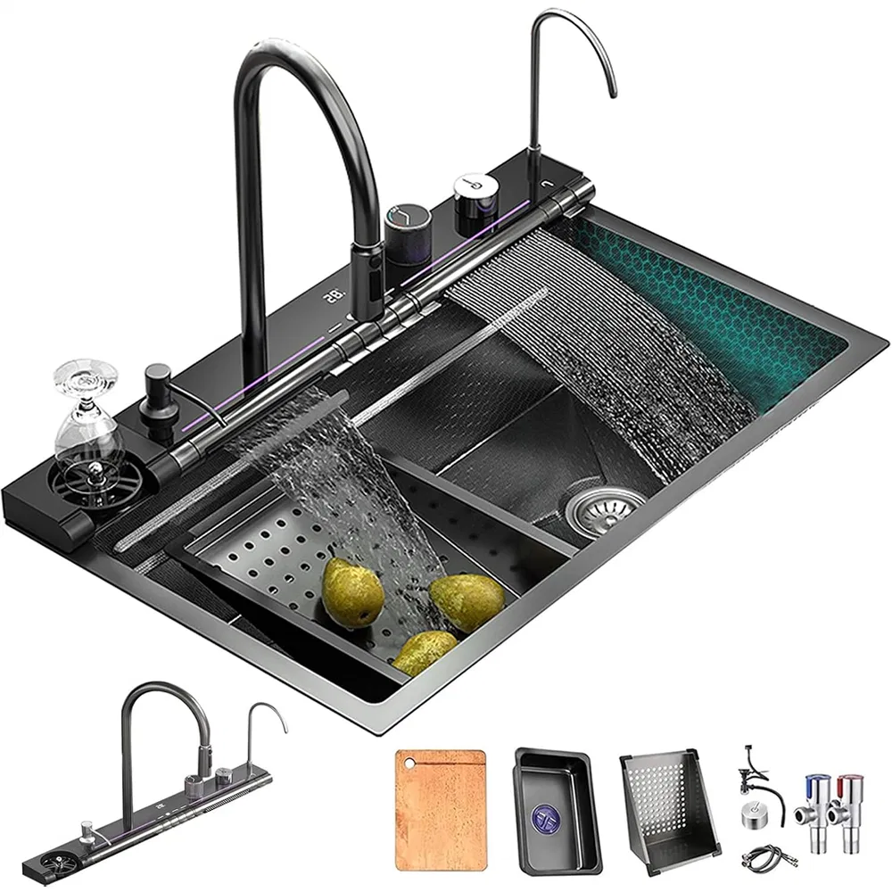 Intelligent Stainless Steel Kitchen Sink Black Smart Waterfall Sink Single Bowl