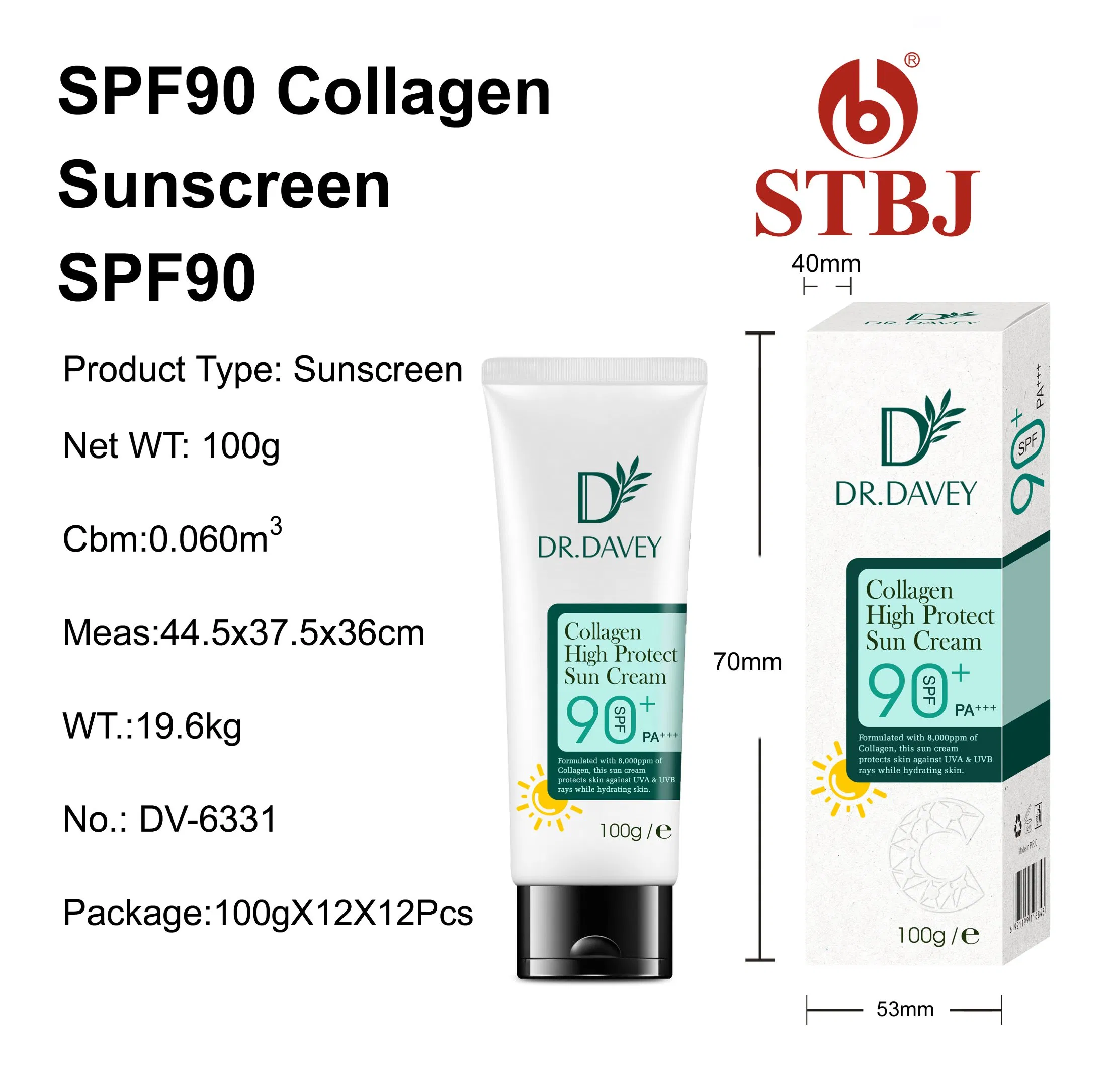 Roushun Dr. Davey SPF90 Collagen Whitening Sunscreen Private Label Protective Sun Cream