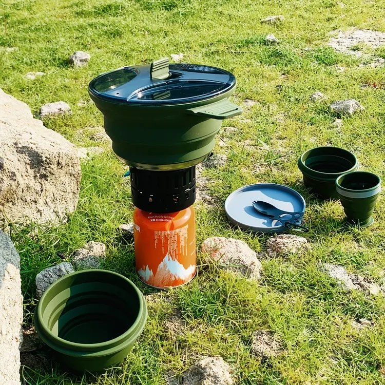 Three Piece Set Silicone Collapsible Camping Cookware Camping Pot Cookware Set for Outdoor