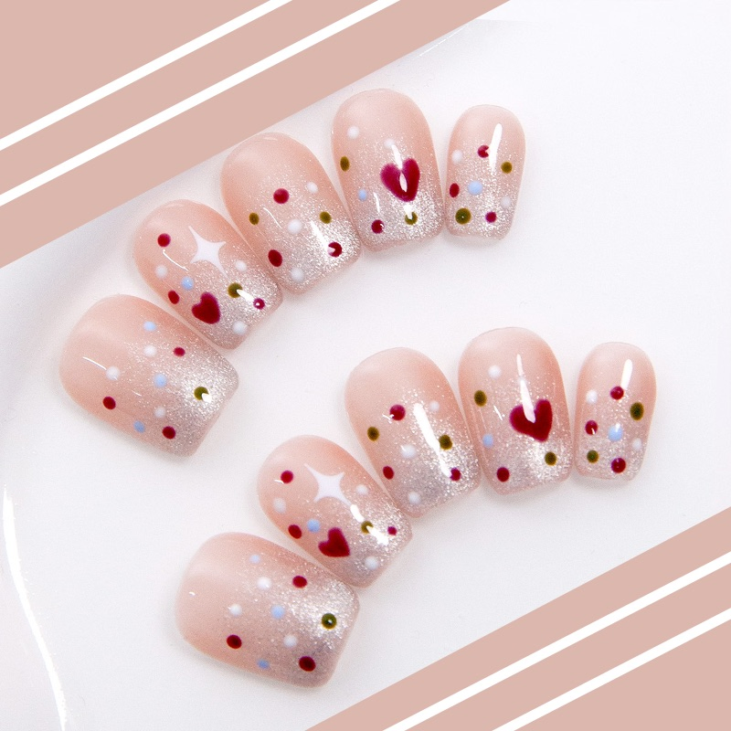 Sweet Pink Glitter Press-on Nails with Heart and Star Patterns
