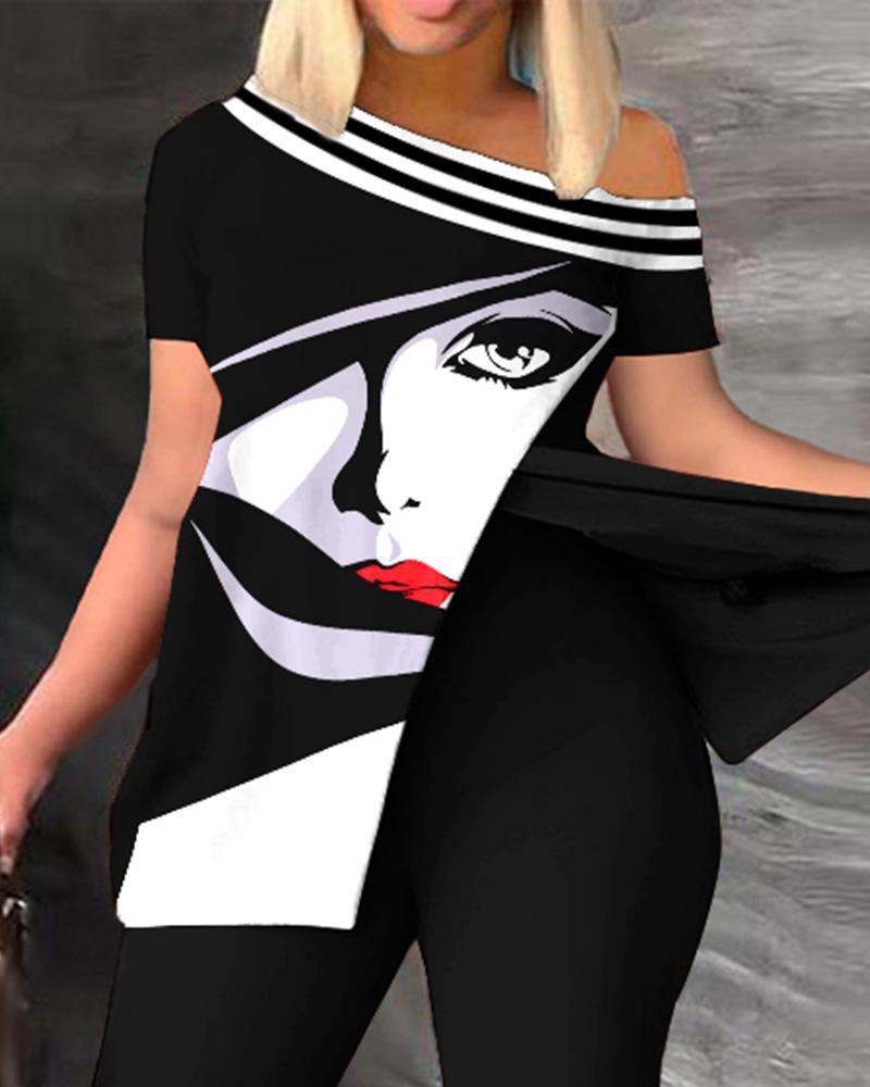 Комплект женский летний асимметричный с принтом на одно плечо