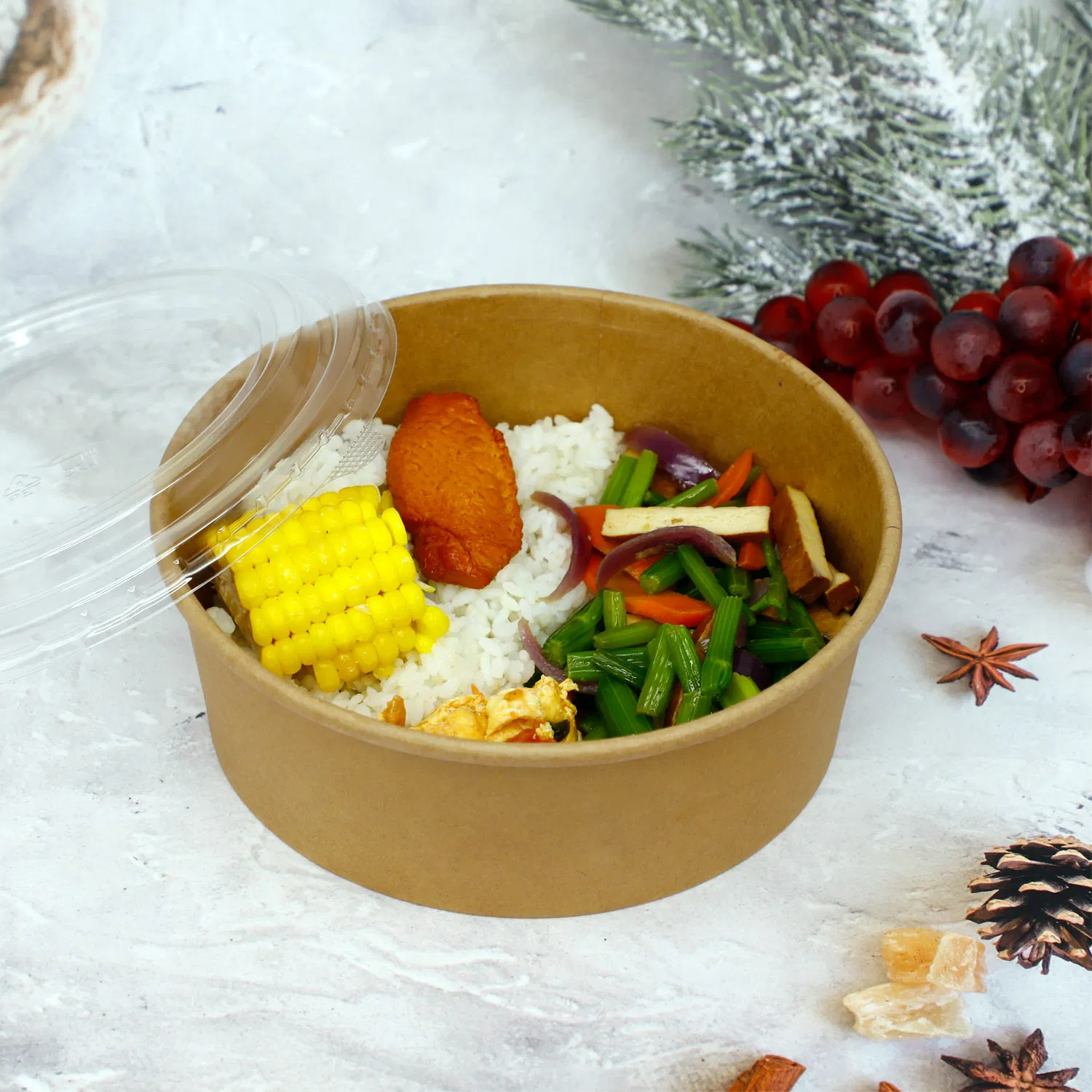 Disposable Food Container Brown Kraft Paper Soup Bowl with Lid