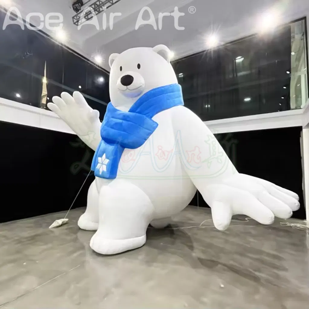 Custom Inflatable Cartoon White Bear Waving Smiling with Blue Scarf for Christmas Holiday Promotion Decoration