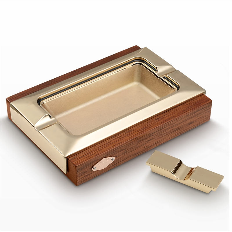 Vintage Solid Wood Brass Embossing Desk Top Cigar Ashtray Jf-039