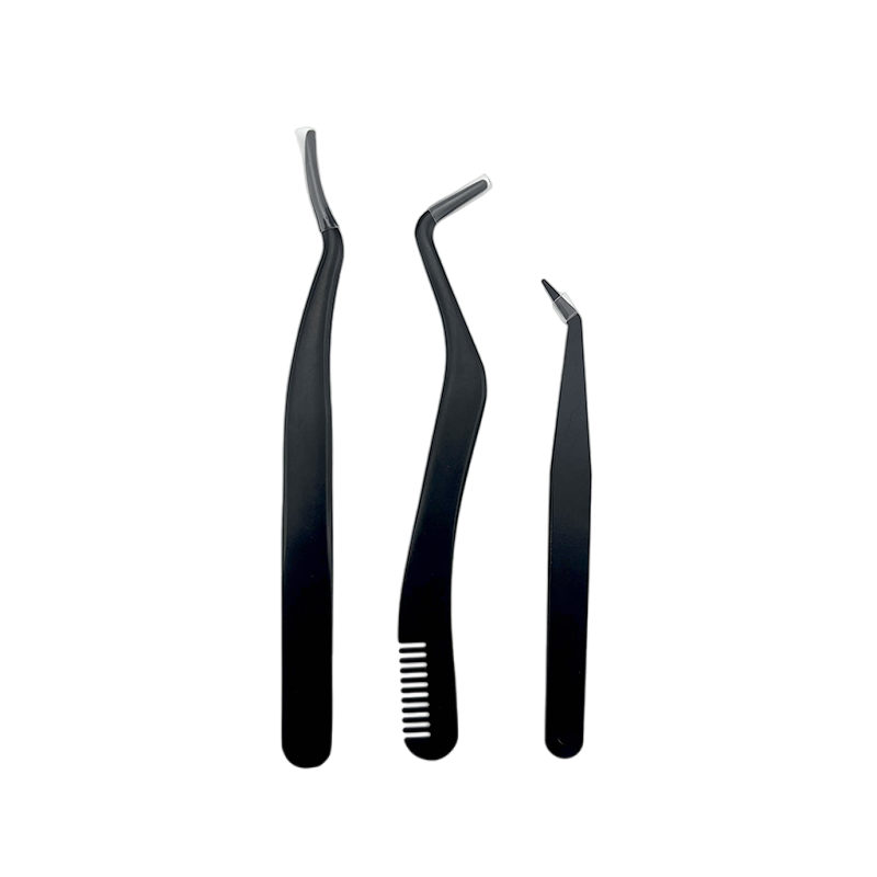 Customized Private Label Stainless Steel Curved Eyebrow Fake Eyelash Tweezers with Comb on Tails