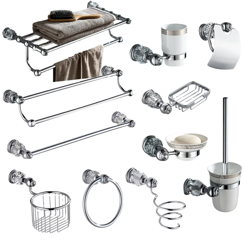 Silver Polished Bathroom Hardware Set Solid Brass Crystal Bathroom Accessories