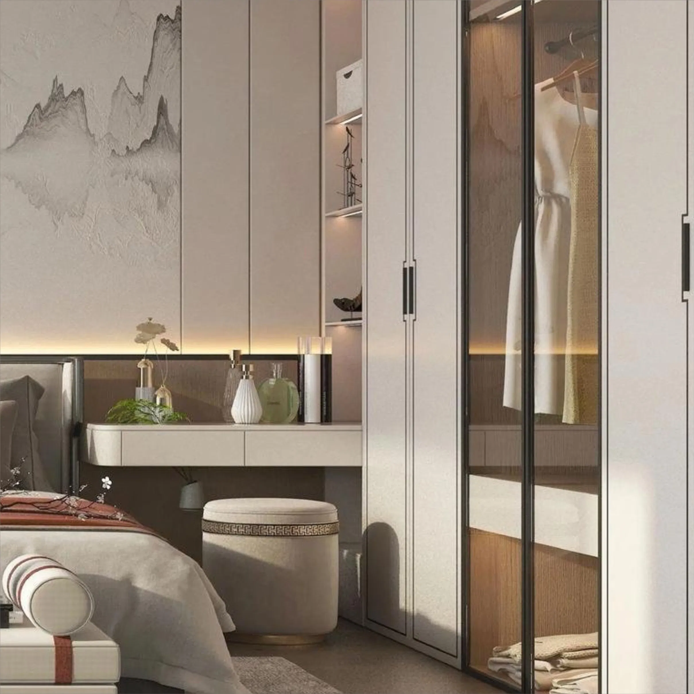 Modern Style Grey Furniture Flush Door Bedroom Closet Wardrobe with Pull Handlesa