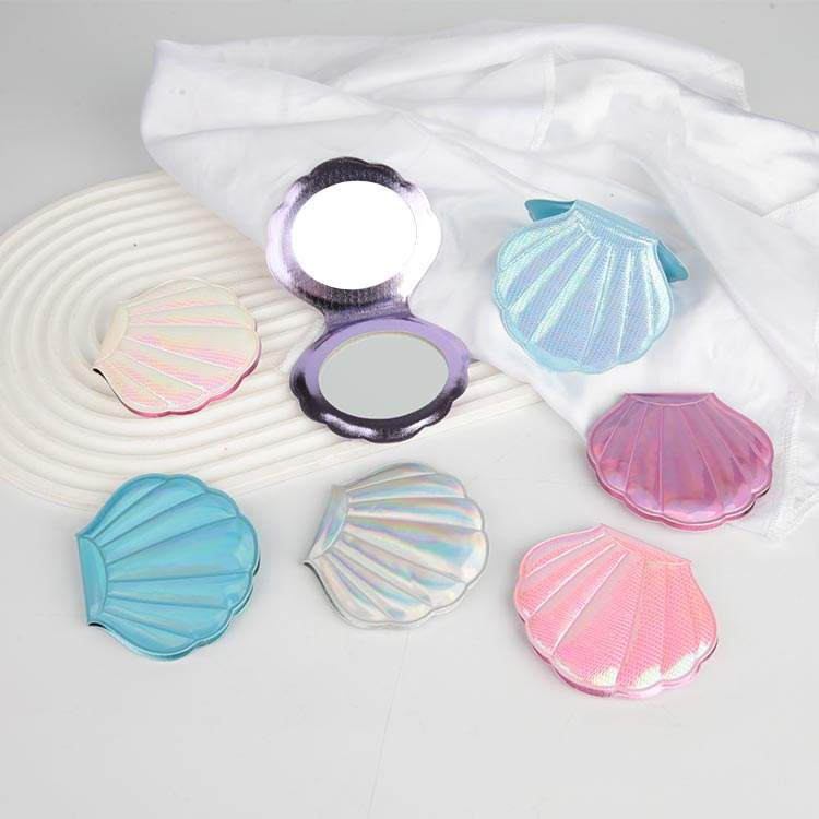 Mini Portable Foldable Handheld Glitter Shell Mirror Double-Sided Magnification Compact Makeup Mirror