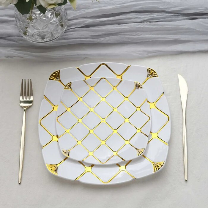 Elegant 7 Inch Square Dinner Plates with Gold Checkered Design