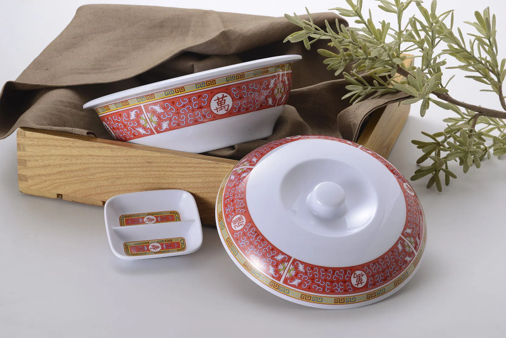 Melamine Bowl Set with Cover Chinese Restaurant Soup Rice Porridge Serving Large Bowl