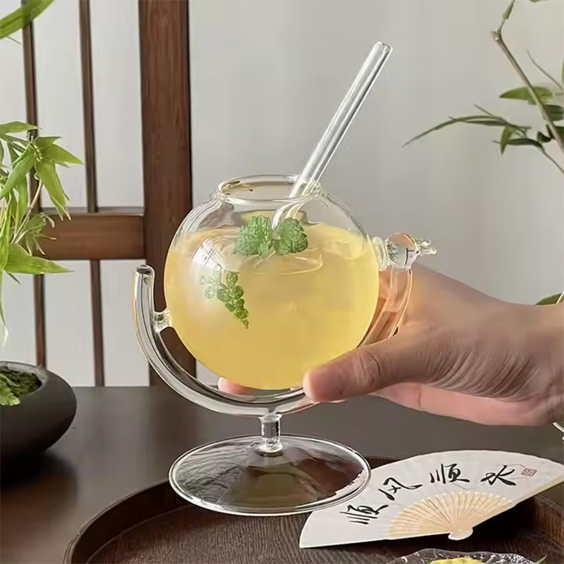 330ml Creative Unique Design Round Map Shape Glass Cup Bubble Tea Glass Cups Organizer for Coffee Juice Water Cup