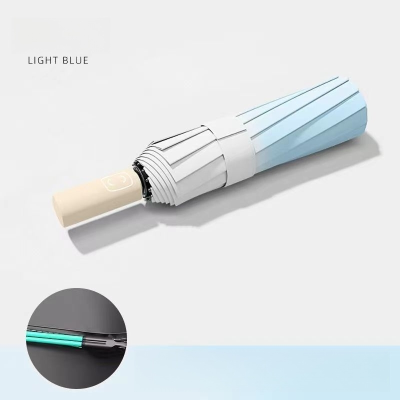 Promotional 10K Double Bone 3 Folding Custom Automatic Rain Sun Gift Gradient Advertising Outdoor Umbrella with Logo Printing Light Blue