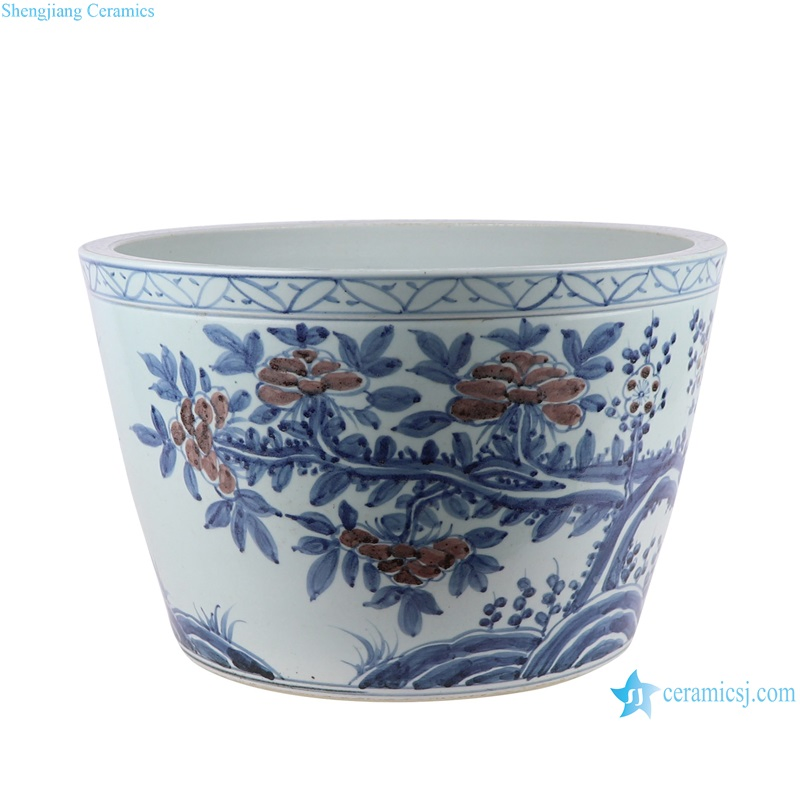 Blue and White Red Peony Plum Flower Ceramic Planter Porcelain Bowl