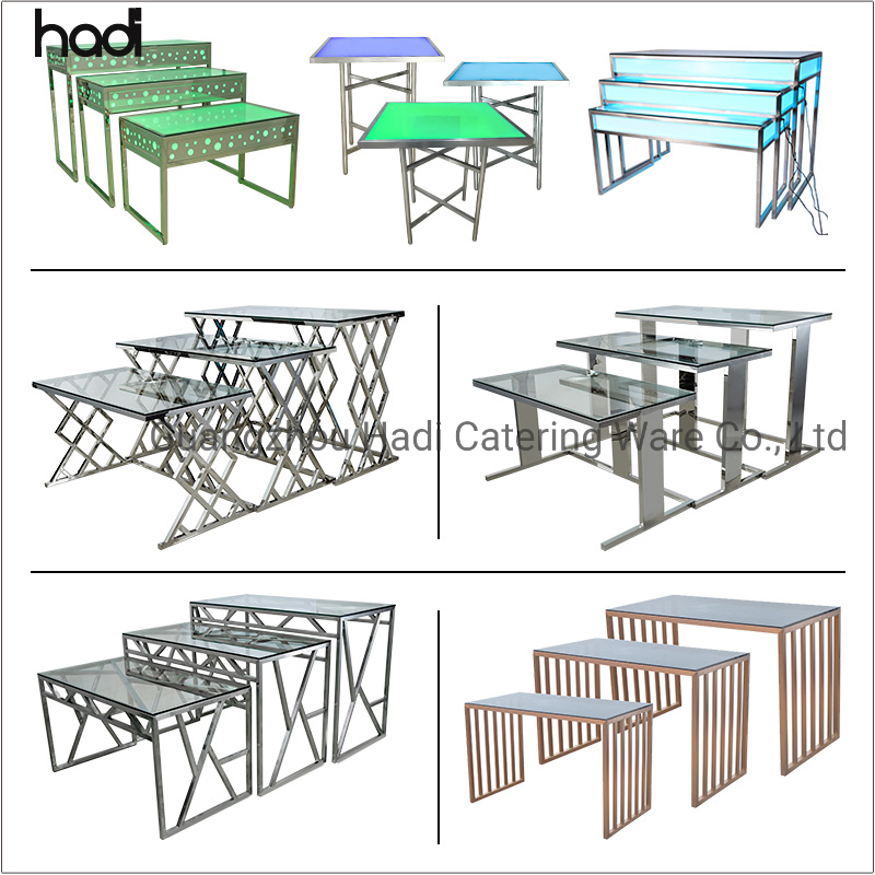 Modern Stainless Steel Legs Catering Wedding Decoration Rectangular Tempered Mirrored Glass Top Nesting Mirror Buffet Table for Restaurant Hotel