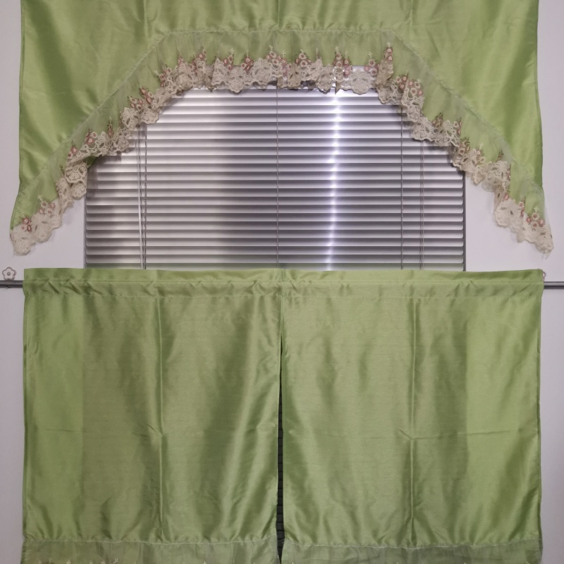 Olive Green Polyester Lace Border Curtain Elegant Curtain Panel Digital Printing Kitchen Curtain