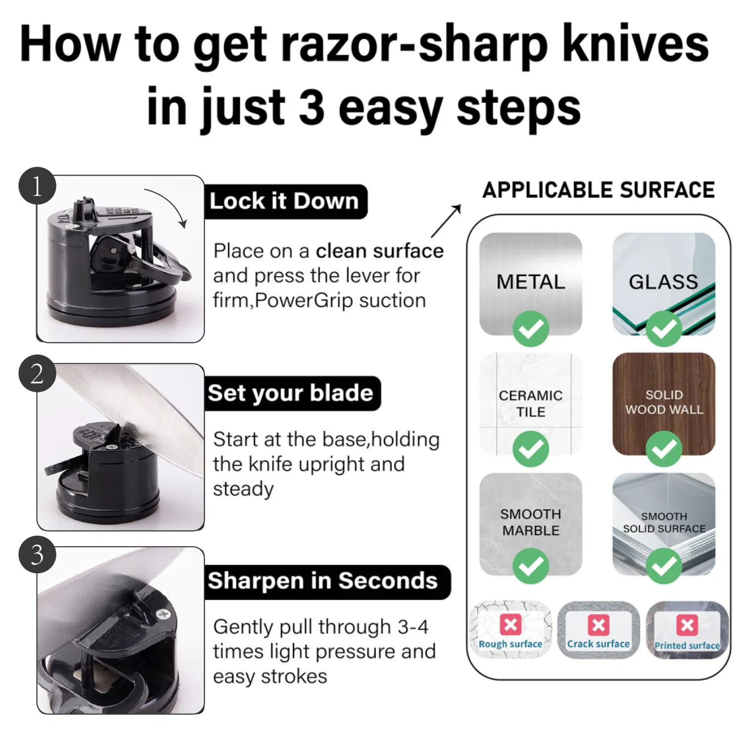 Black Knife Sharpener Powergrip Suction Base 200X Force Increase Mini Size Fast 3 Step Sharpening for Most Kitchen Knives Tool
