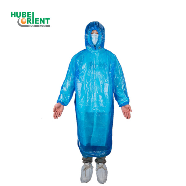 Outdoor Disposable Waterproof PE Plastic Raincoat Adult Size Hooded Elastic Cuffs Raincoat