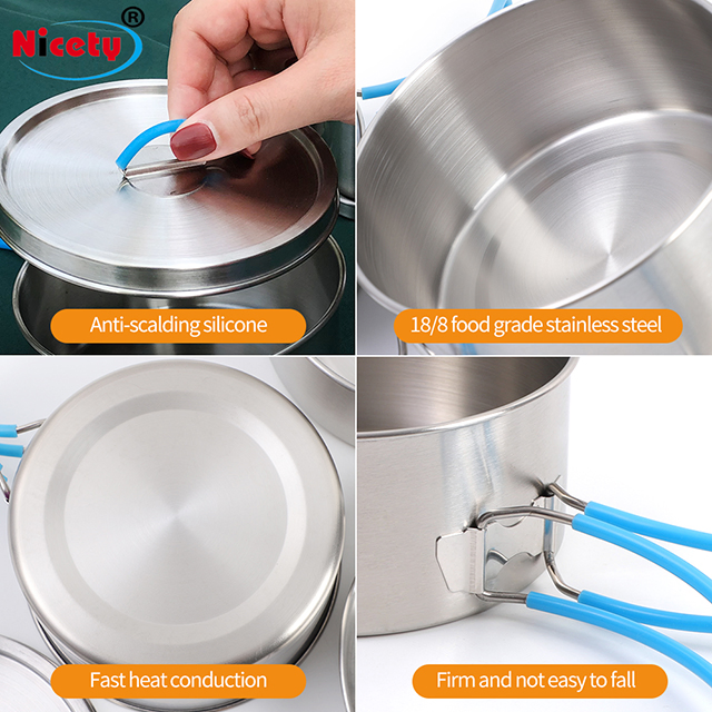 Multi-Person Outdoor Camping 1-2L 8-Piece Eco-Friendly Stainless Steel Cookware Set